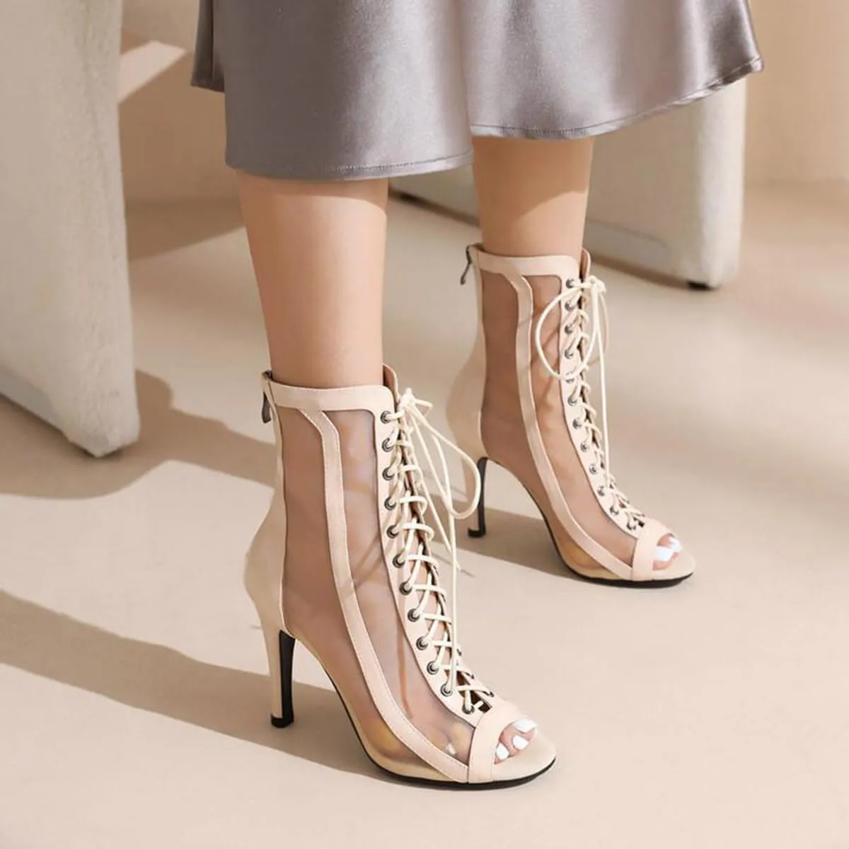JXUZY Women's Sexy Mesh Jazz Modern Dance Shoes Lace-up Stiletto Heel Summer Ankle Booties