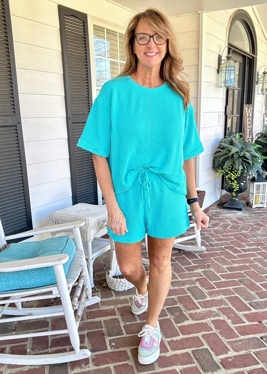 Mindy Ribbed Short Set - Turquoise | Zenana