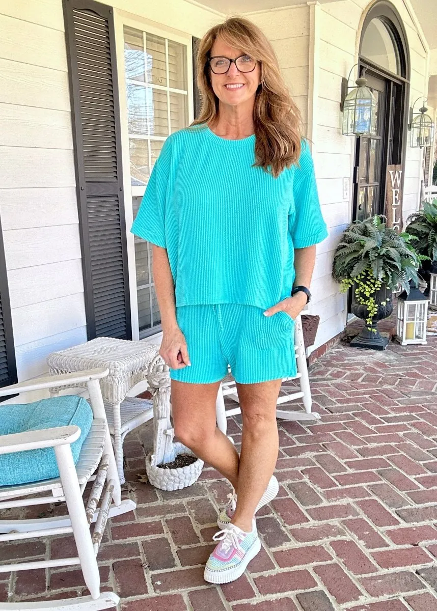Mindy Ribbed Short Set - Turquoise | Zenana