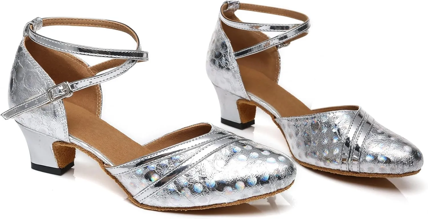 Minishion Comfortable Dance Shoes for Women Dots Mid Heel Practice Dancing Pumps L476