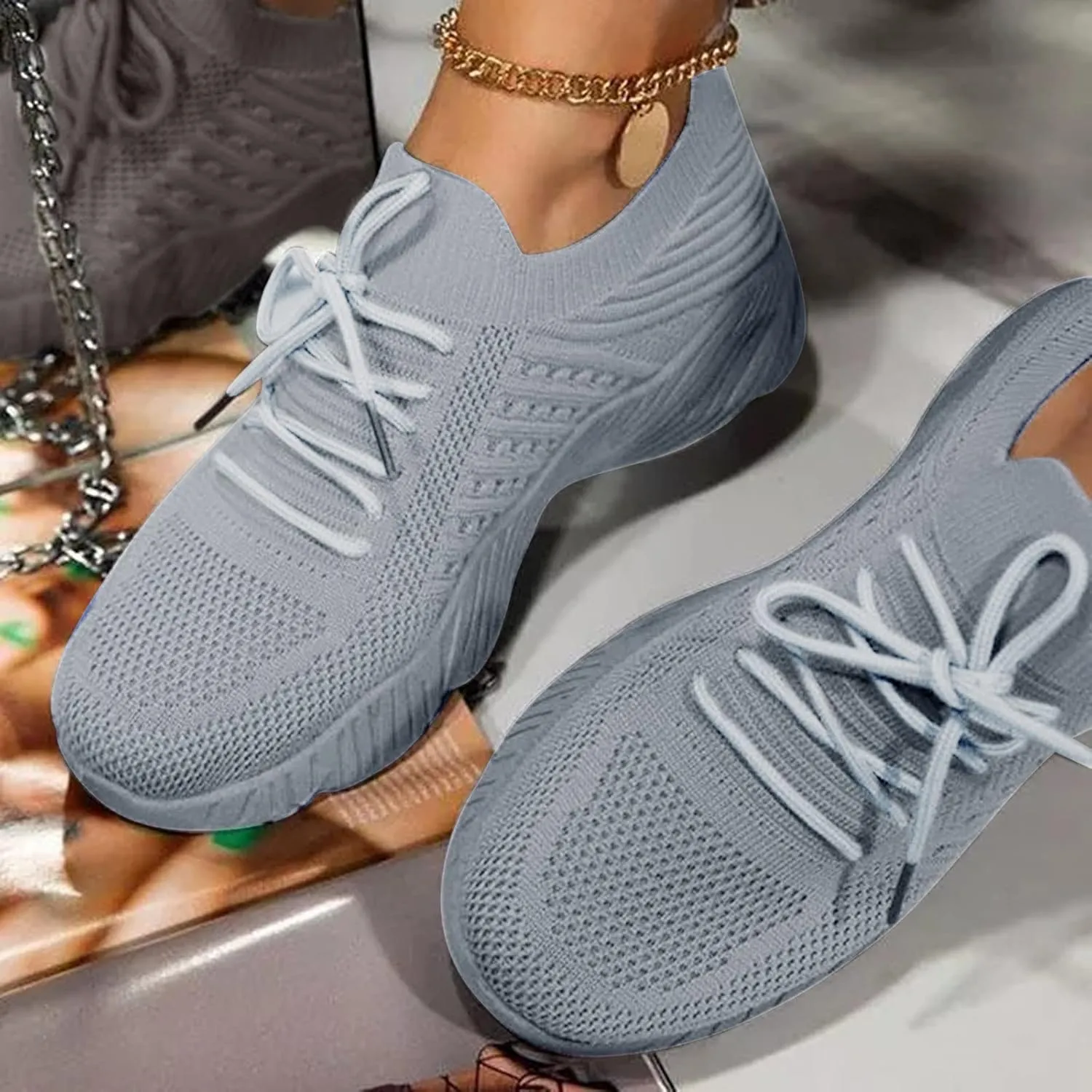 Non Slip Shoes for Women Breathable Mesh Knit Lace Up Athletic Shoes Casual Fashion Solid Color Walking Tennis Sneakers