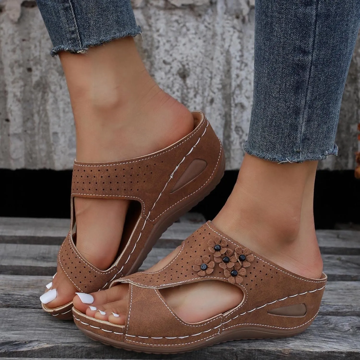 oiangi Orthopedic Sandals for Women with Arch Support Dressy Summer Comfortable Wedge Fish Mouth Peep Toe Slip on Platform Slipper Flower Hollow Beach Shoes