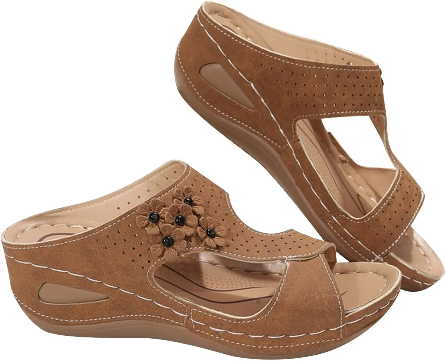 oiangi Orthopedic Sandals for Women with Arch Support Dressy Summer Comfortable Wedge Fish Mouth Peep Toe Slip on Platform Slipper Flower Hollow Beach Shoes