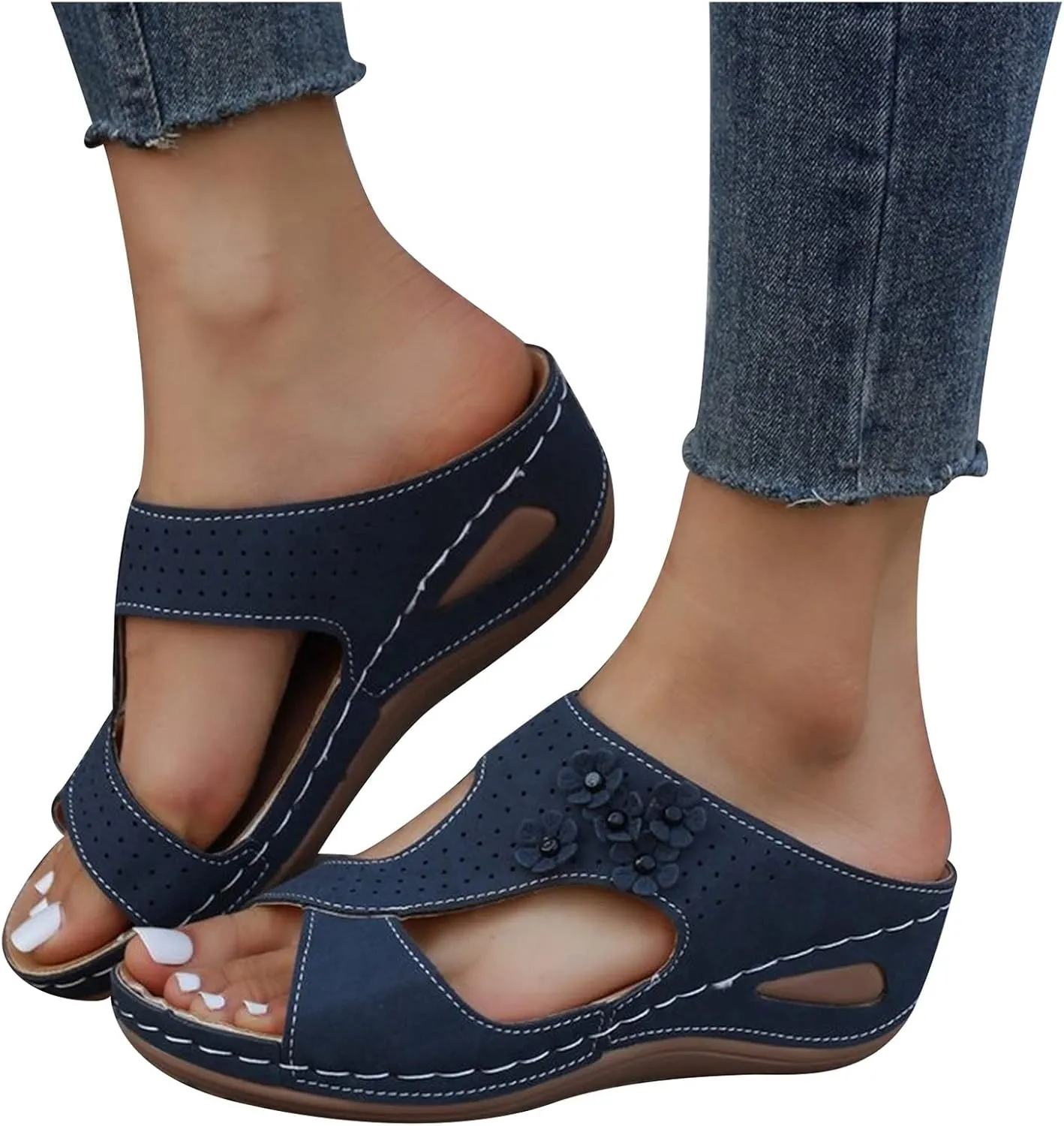 oiangi Orthopedic Sandals for Women with Arch Support Dressy Summer Comfortable Wedge Fish Mouth Peep Toe Slip on Platform Slipper Flower Hollow Beach Shoes