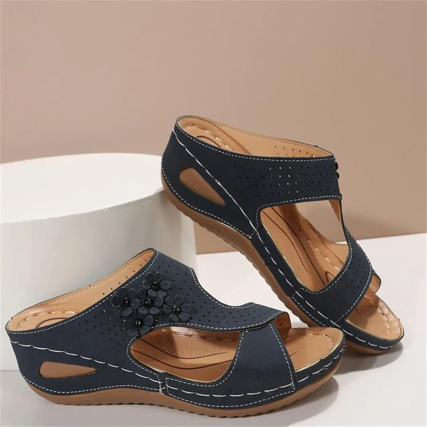 oiangi Orthopedic Sandals for Women with Arch Support Dressy Summer Comfortable Wedge Fish Mouth Peep Toe Slip on Platform Slipper Flower Hollow Beach Shoes