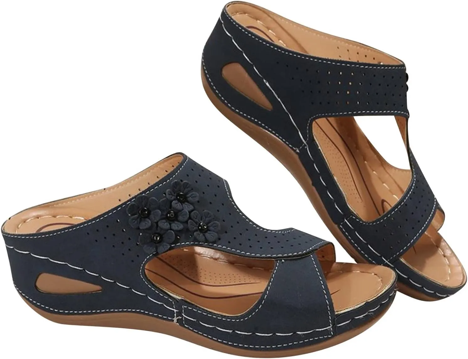 oiangi Orthopedic Sandals for Women with Arch Support Dressy Summer Comfortable Wedge Fish Mouth Peep Toe Slip on Platform Slipper Flower Hollow Beach Shoes