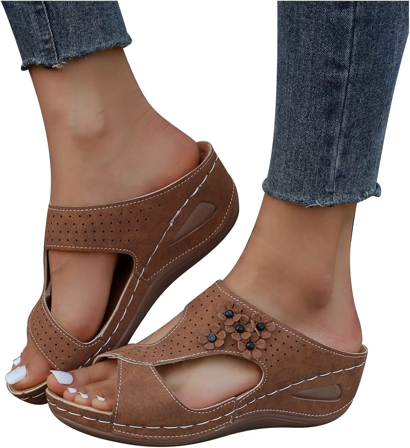 oiangi Orthopedic Sandals for Women with Arch Support Dressy Summer Comfortable Wedge Fish Mouth Peep Toe Slip on Platform Slipper Flower Hollow Beach Shoes