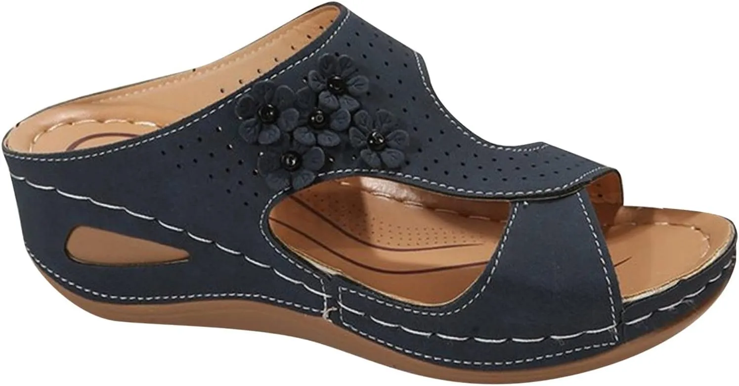 oiangi Orthopedic Sandals for Women with Arch Support Dressy Summer Comfortable Wedge Fish Mouth Peep Toe Slip on Platform Slipper Flower Hollow Beach Shoes