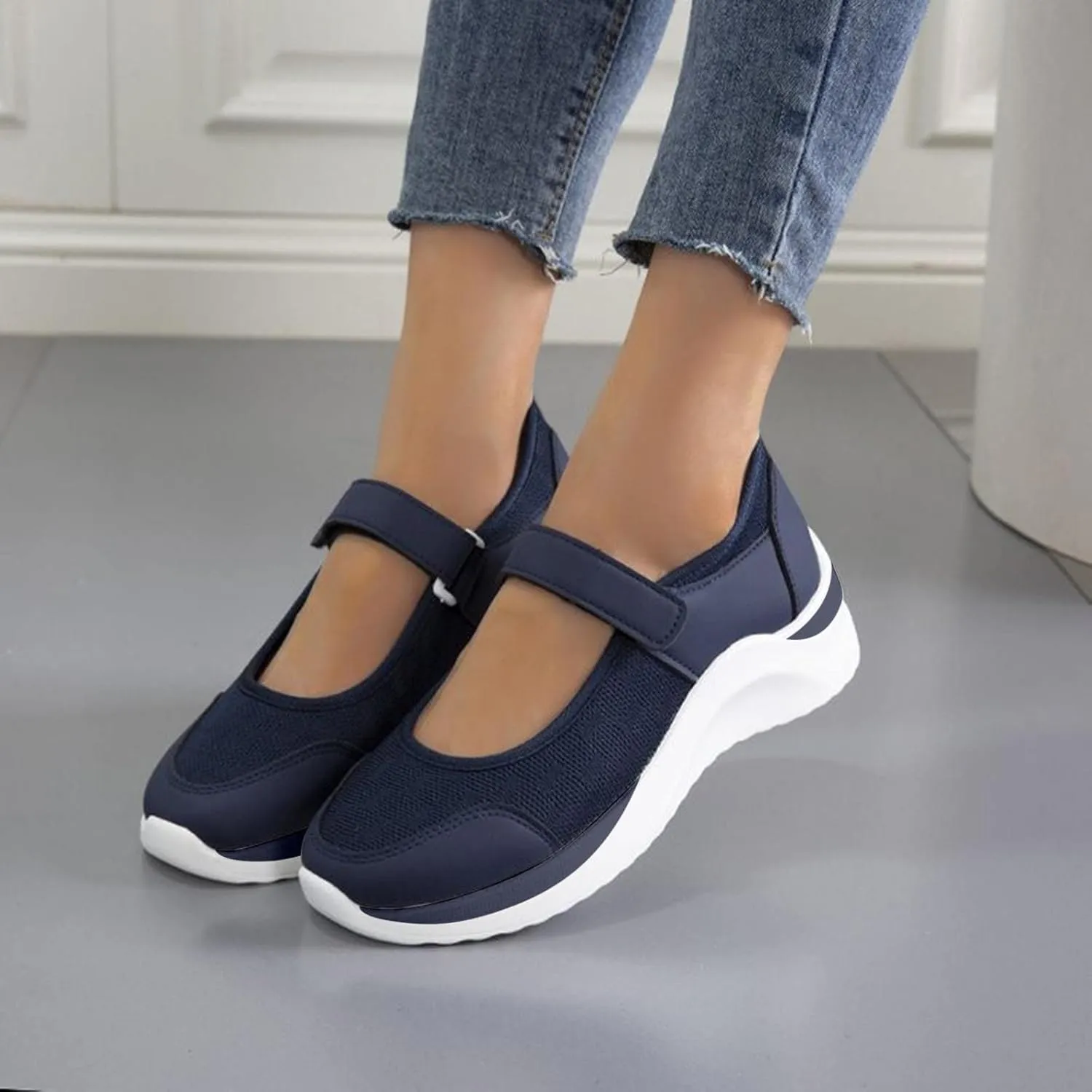 oiangi Walking Shoes Women Dressy Summer Platform Round Toe Breathable Mesh Hook and Loop Sandals Comfortable Outdoor Ladies Casual Non-Slip Sneakers