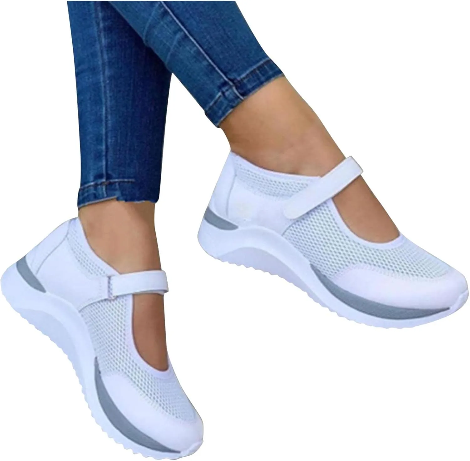 oiangi Walking Shoes Women Dressy Summer Platform Round Toe Breathable Mesh Hook and Loop Sandals Comfortable Outdoor Ladies Casual Non-Slip Sneakers