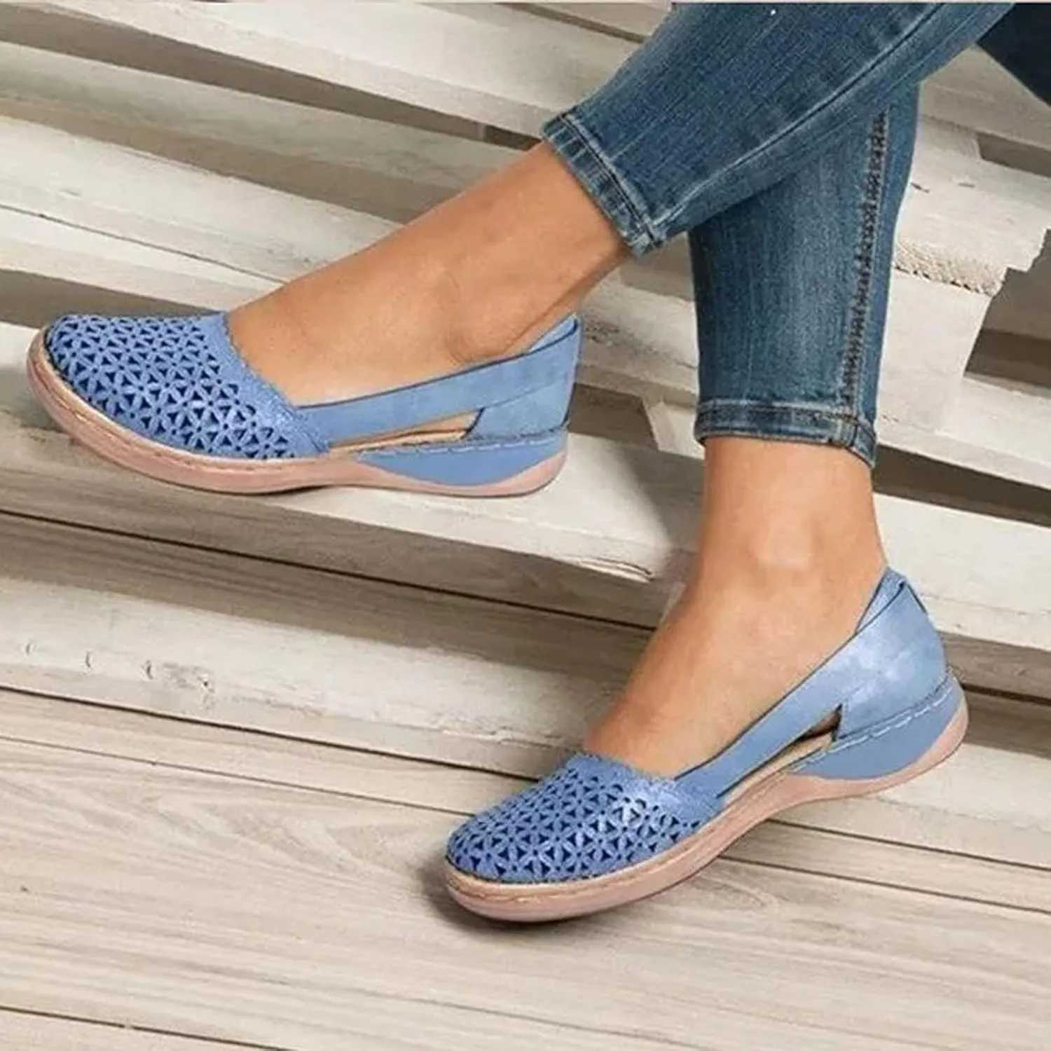 Orthopedic Sandals for Women Summer Round Closed Toe Low Heel Sandals Fashion Casual Hollow Ballet Flats Slip On Loafers Lightweight Breathable Walking Shoes Comfy Wedge Sandalias