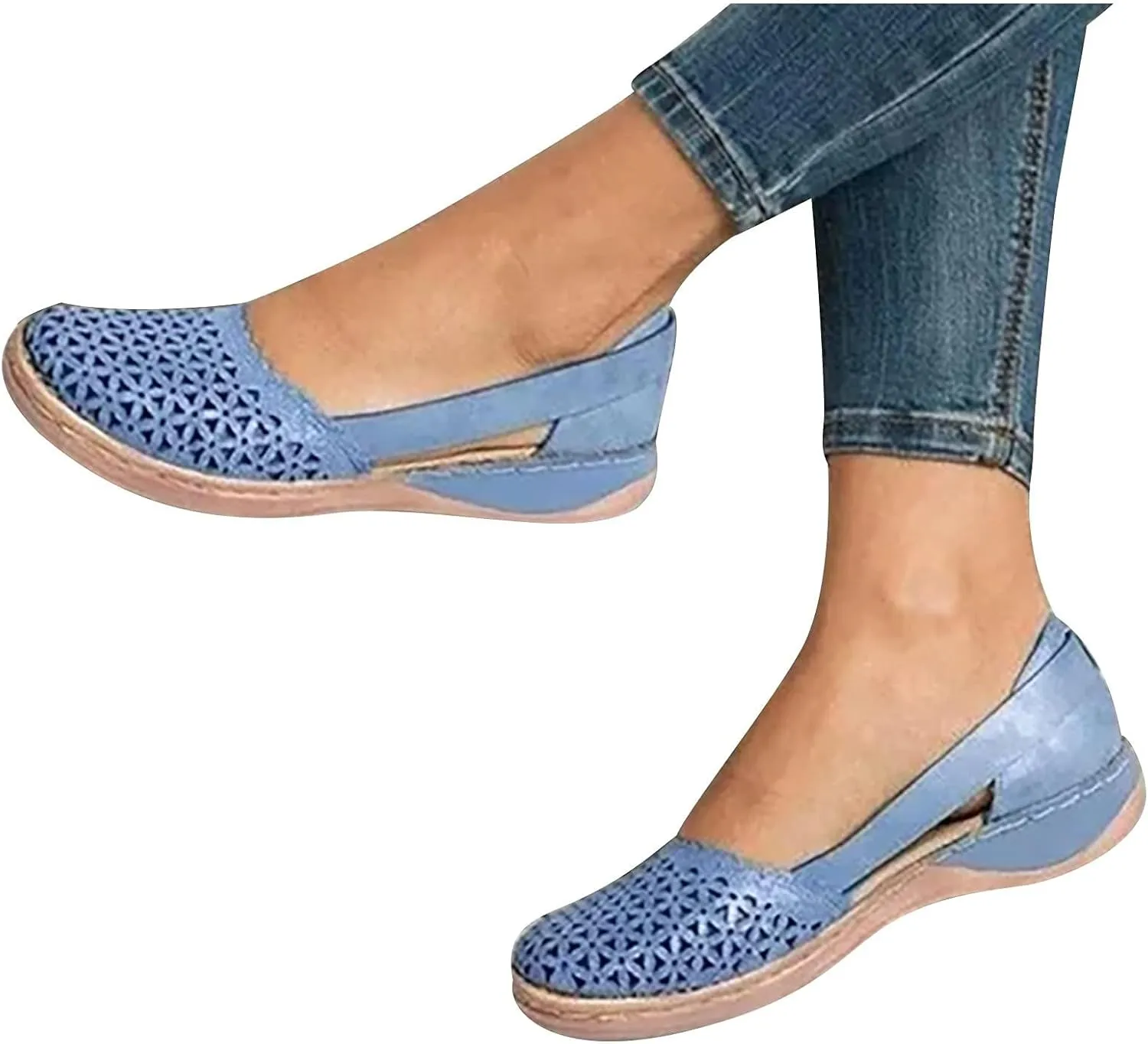 Orthopedic Sandals for Women Summer Round Closed Toe Low Heel Sandals Fashion Casual Hollow Ballet Flats Slip On Loafers Lightweight Breathable Walking Shoes Comfy Wedge Sandalias