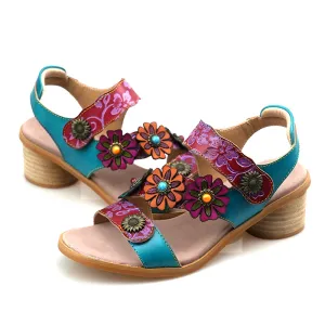 Round Toe Floral Rivet Round Block Heel Sandals