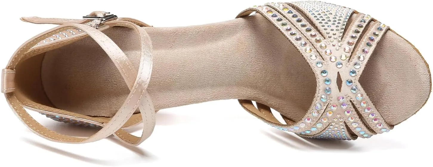 SWDZM Women's Rhinestone Ballroom Dance Shoes Latin Salsa Performance Dance Shoes