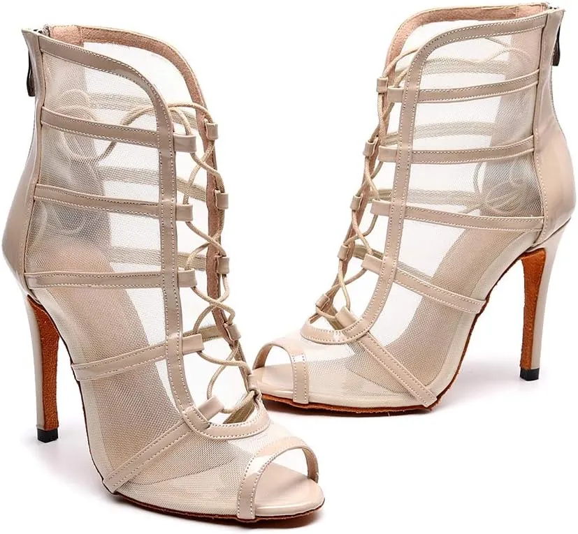 TDA Women's Stylish Stiletto Heel Zipper & Lace-up Glitter Print Mesh Synthetic Social Tango Prom Latin Dance Shoes Wedding Sandals Boots