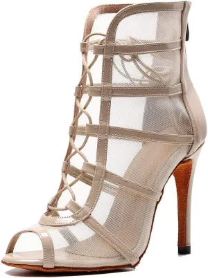 TDA Women's Stylish Stiletto Heel Zipper & Lace-up Glitter Print Mesh Synthetic Social Tango Prom Latin Dance Shoes Wedding Sandals Boots