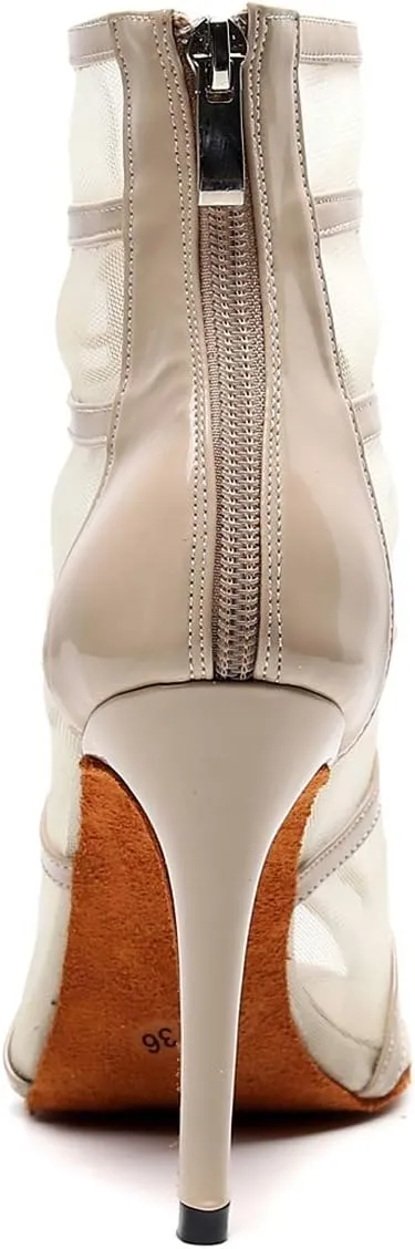TDA Women's Stylish Stiletto Heel Zipper & Lace-up Glitter Print Mesh Synthetic Social Tango Prom Latin Dance Shoes Wedding Sandals Boots
