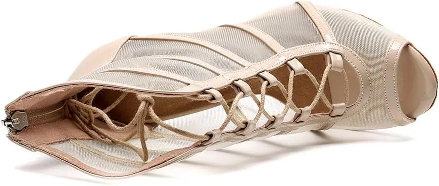 TDA Women's Stylish Stiletto Heel Zipper & Lace-up Glitter Print Mesh Synthetic Social Tango Prom Latin Dance Shoes Wedding Sandals Boots
