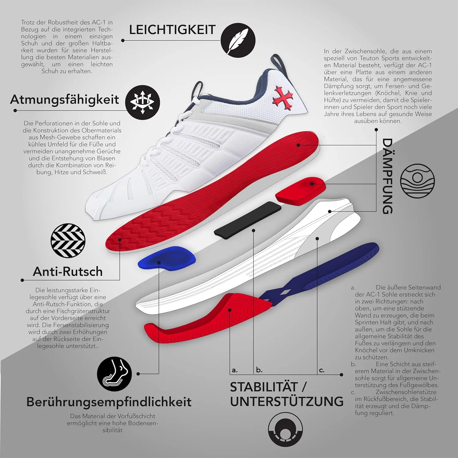 Teuton AC1- All Court - Versatile Sports Shoes for Squash, Tennis, Padel, Pickleball, Handball - Ideal for Hard Surfaces, Synthetic Courts, and Sand Play.