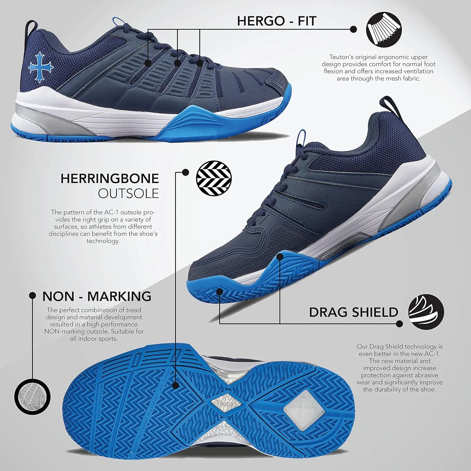 Teuton AC1- All Court - Versatile Sports Shoes for Squash, Tennis, Padel, Pickleball, Handball - Ideal for Hard Surfaces, Synthetic Courts, and Sand Play.