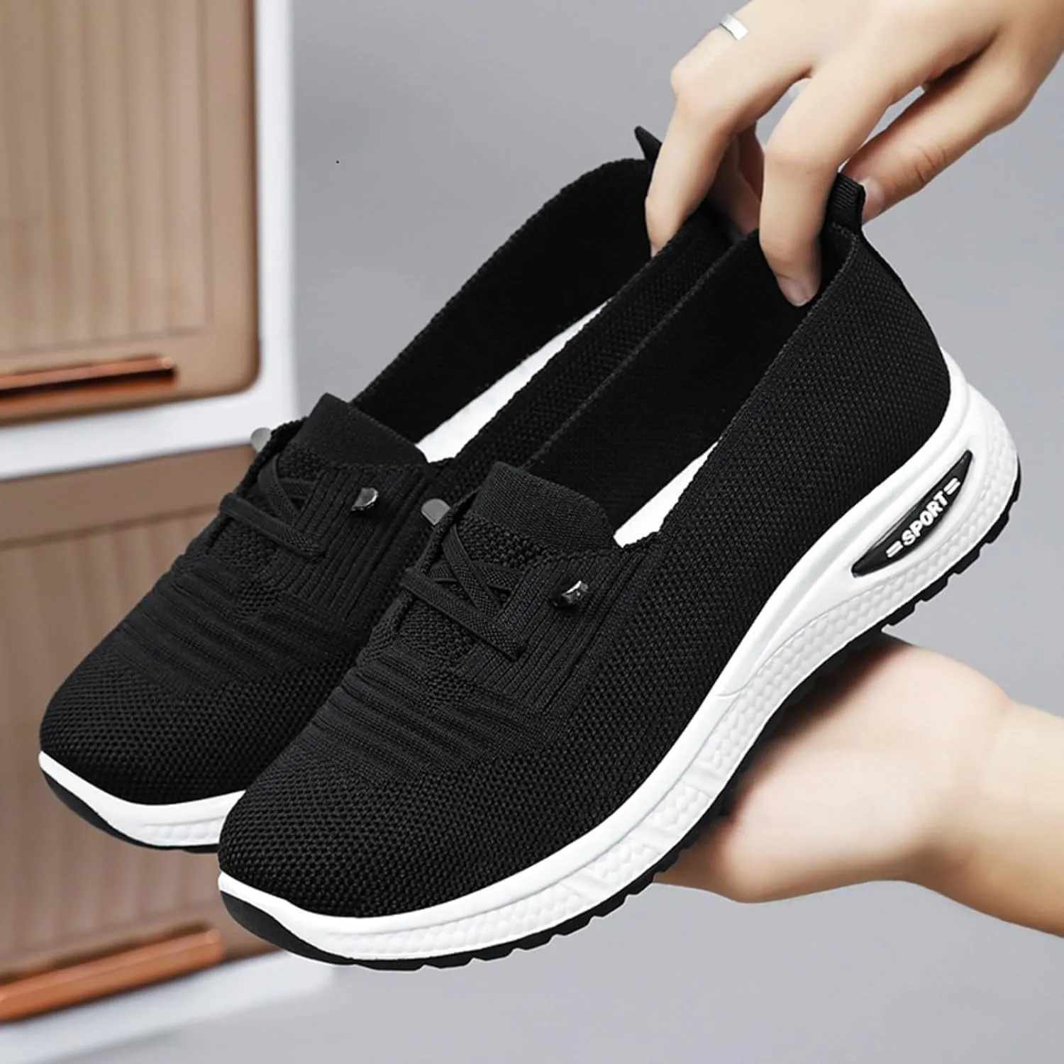 Women Walking Shoes Slip On Orthopedic Sneakers Woven Breathable Soft Slip On Arch Support Shoes Running Jogging Sneaker Lightweight Wide Width Non-Slip Shoe
