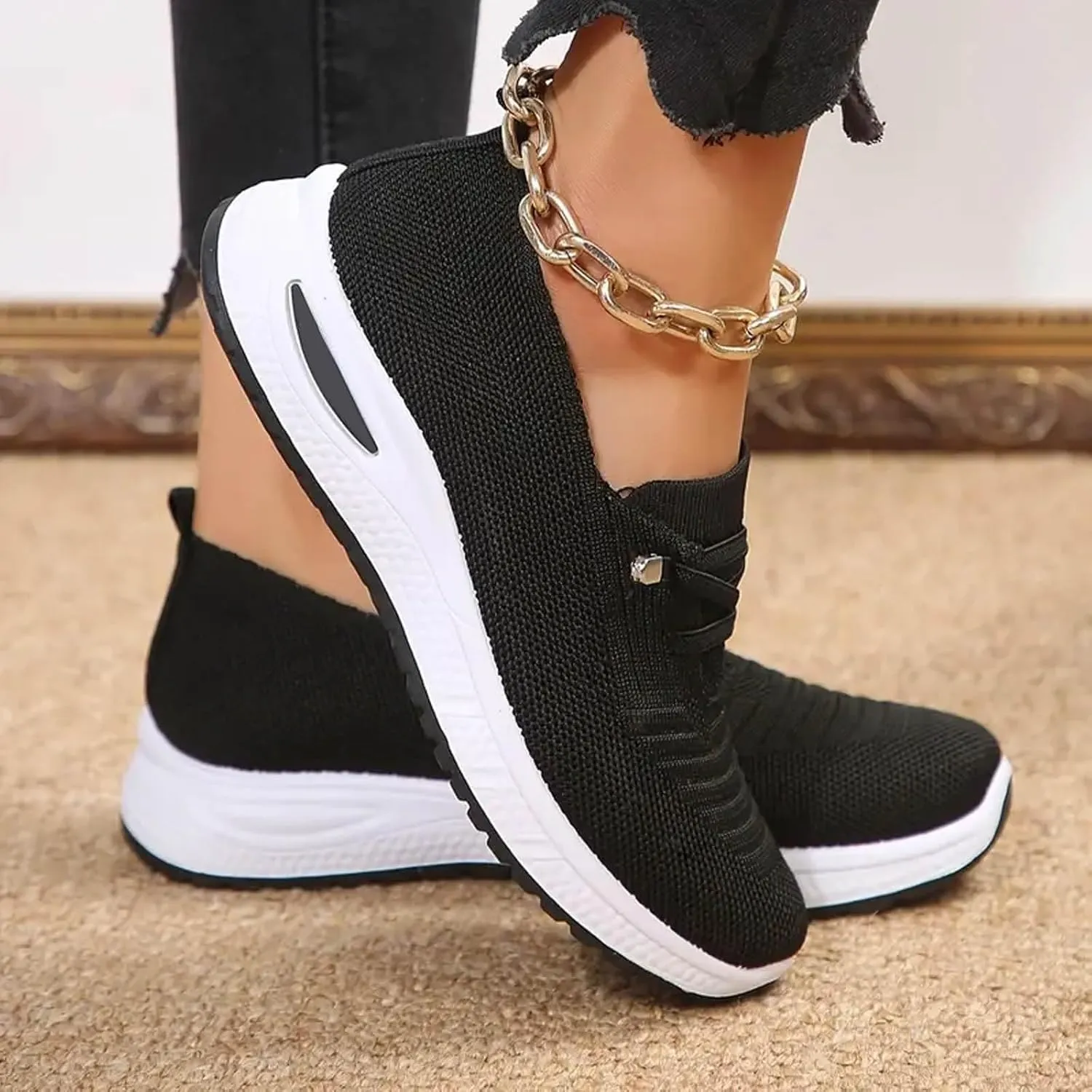 Women Walking Shoes Slip On Orthopedic Sneakers Woven Breathable Soft Slip On Arch Support Shoes Running Jogging Sneaker Lightweight Wide Width Non-Slip Shoe