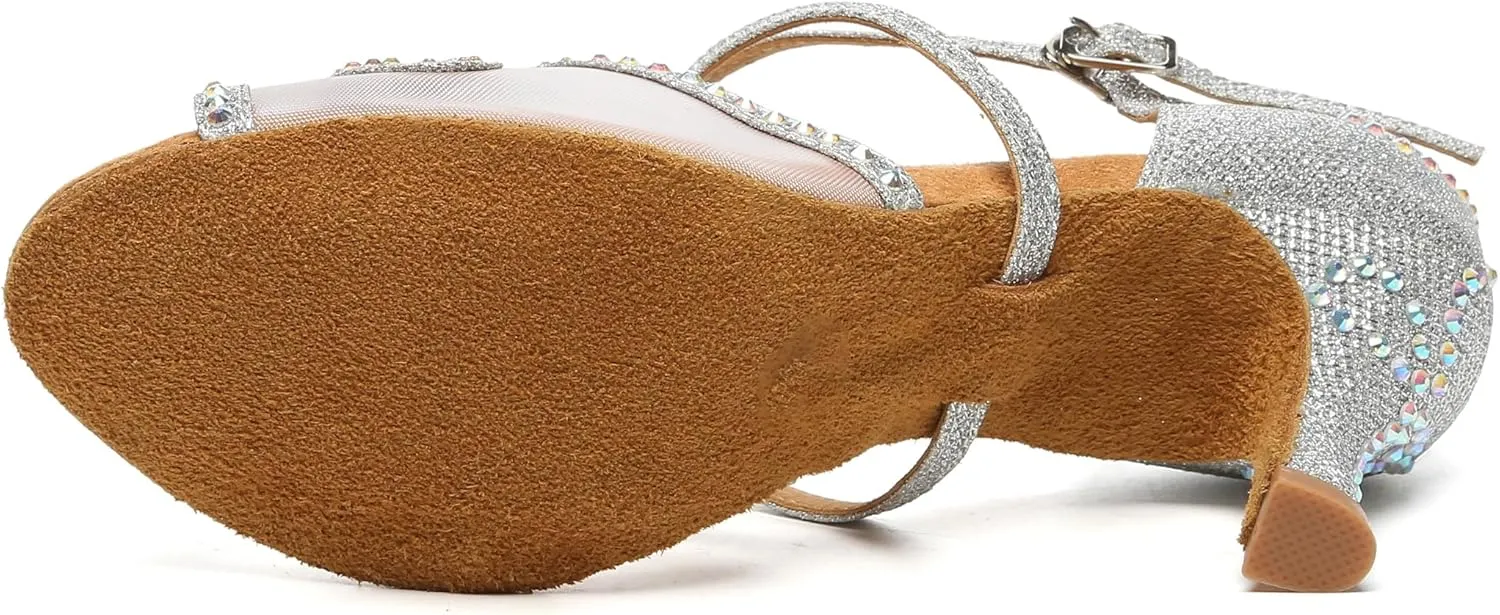 Womens Comfortable Ballroom Dance Shoes Rhinestones Pattern Wedding Sandals
