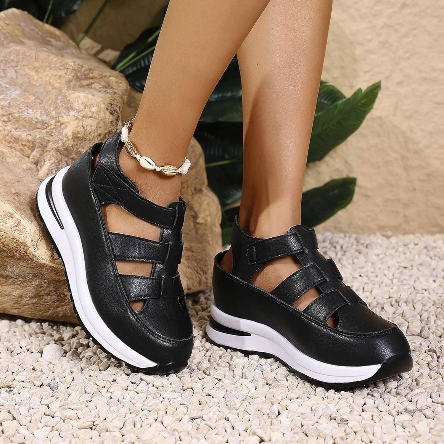 Women's Plus Size Hollow-Out Casual Sandals, Closed Toe Platform Height-Boosting Sandals Hollow Out Breathable Wedge Stylish Roman Sandal Leather Comfortable Walking Summer, Beach, Hiking Sneakers