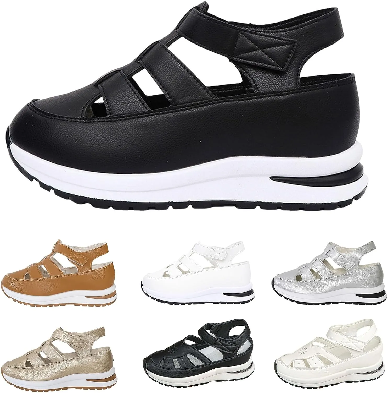 Women's Plus Size Hollow-Out Casual Sandals, Closed Toe Platform Height-Boosting Sandals Hollow Out Breathable Wedge Stylish Roman Sandal Leather Comfortable Walking Summer, Beach, Hiking Sneakers