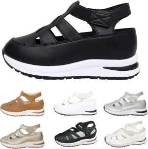 Women's Plus Size Hollow-Out Casual Sandals, Closed Toe Platform Height-Boosting Sandals Hollow Out Breathable Wedge Stylish Roman Sandal Leather Comfortable Walking Summer, Beach, Hiking Sneakers