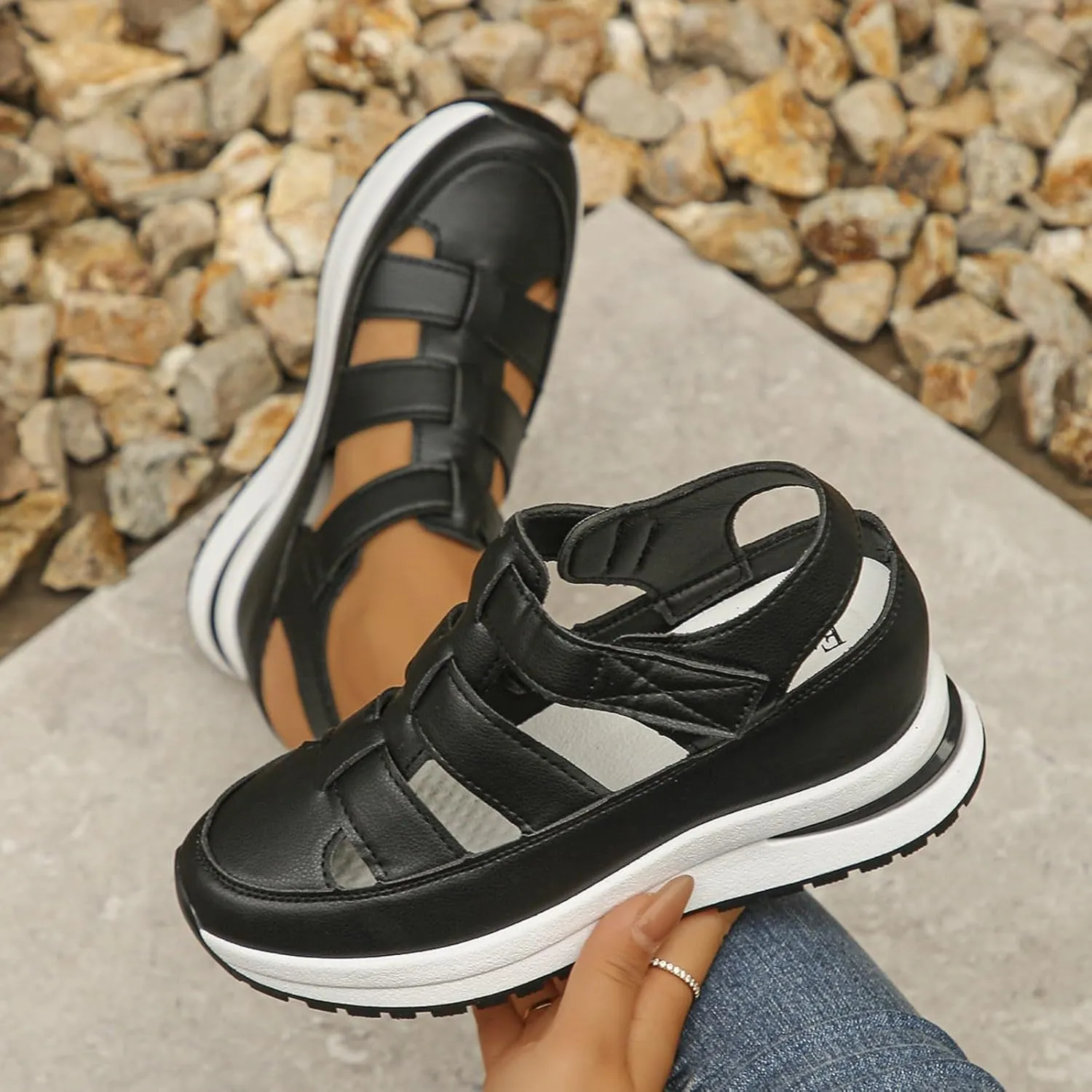 Women's Plus Size Hollow-Out Casual Sandals, Closed Toe Platform Height-Boosting Sandals Hollow Out Breathable Wedge Stylish Roman Sandal Leather Comfortable Walking Summer, Beach, Hiking Sneakers