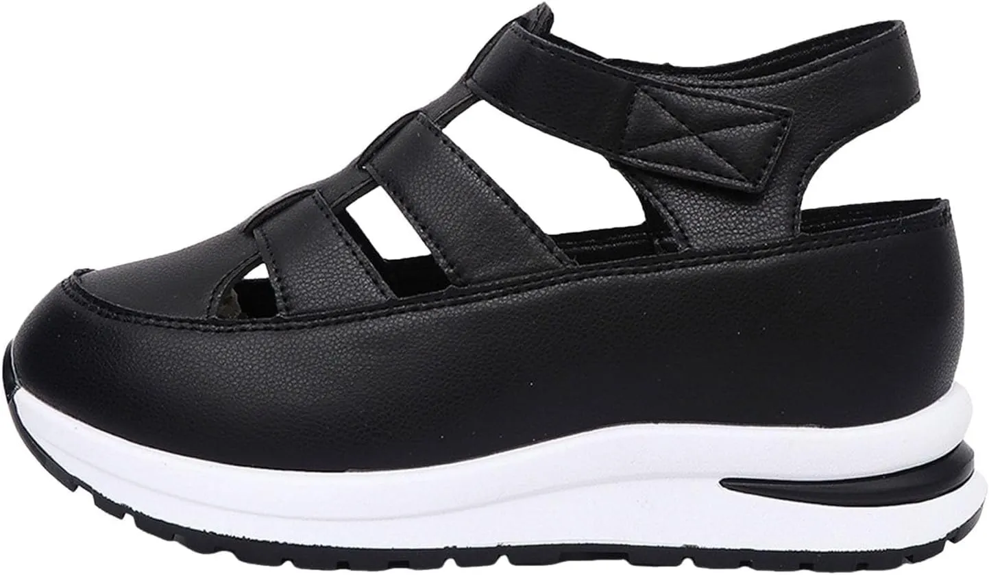 Women's Plus Size Hollow-Out Casual Sandals, Closed Toe Platform Height-Boosting Sandals Hollow Out Breathable Wedge Stylish Roman Sandal Leather Comfortable Walking Summer, Beach, Hiking Sneakers