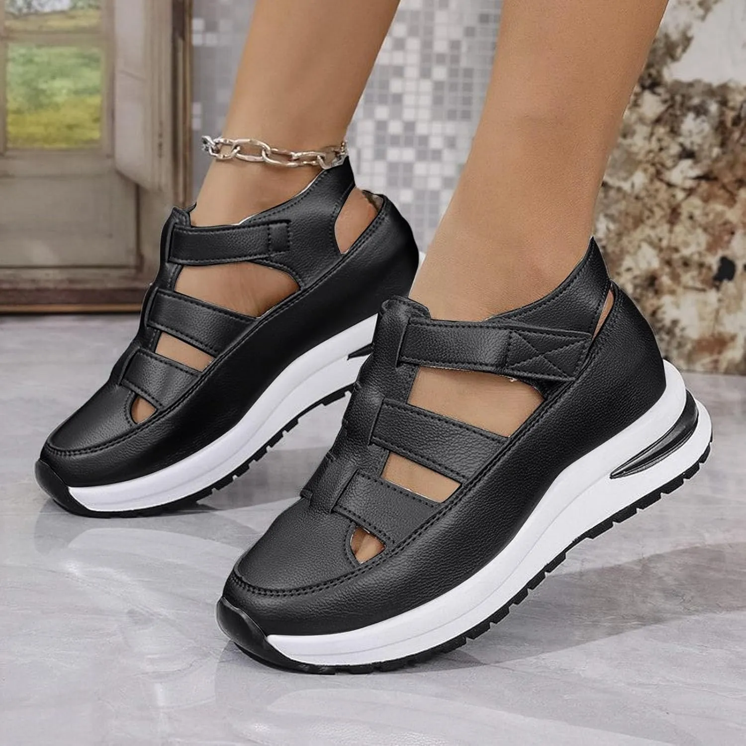 Women's Plus Size Hollow-Out Casual Sandals, Closed Toe Platform Height-Boosting Sandals Hollow Out Breathable Wedge Stylish Roman Sandal Leather Comfortable Walking Summer, Beach, Hiking Sneakers