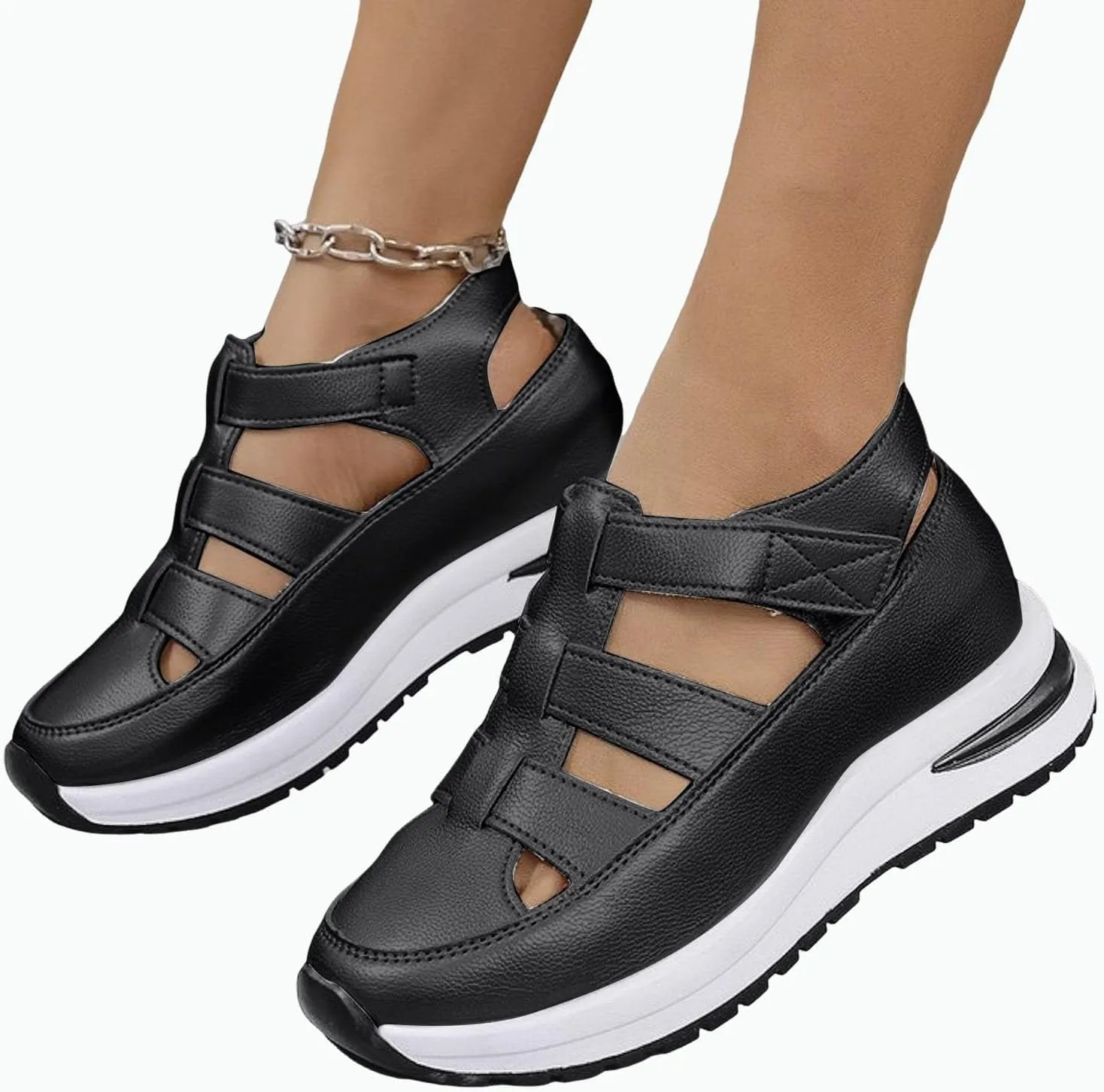 Women's Plus Size Hollow-Out Casual Sandals, Closed Toe Platform Height-Boosting Sandals Hollow Out Breathable Wedge Stylish Roman Sandal Leather Comfortable Walking Summer, Beach, Hiking Sneakers