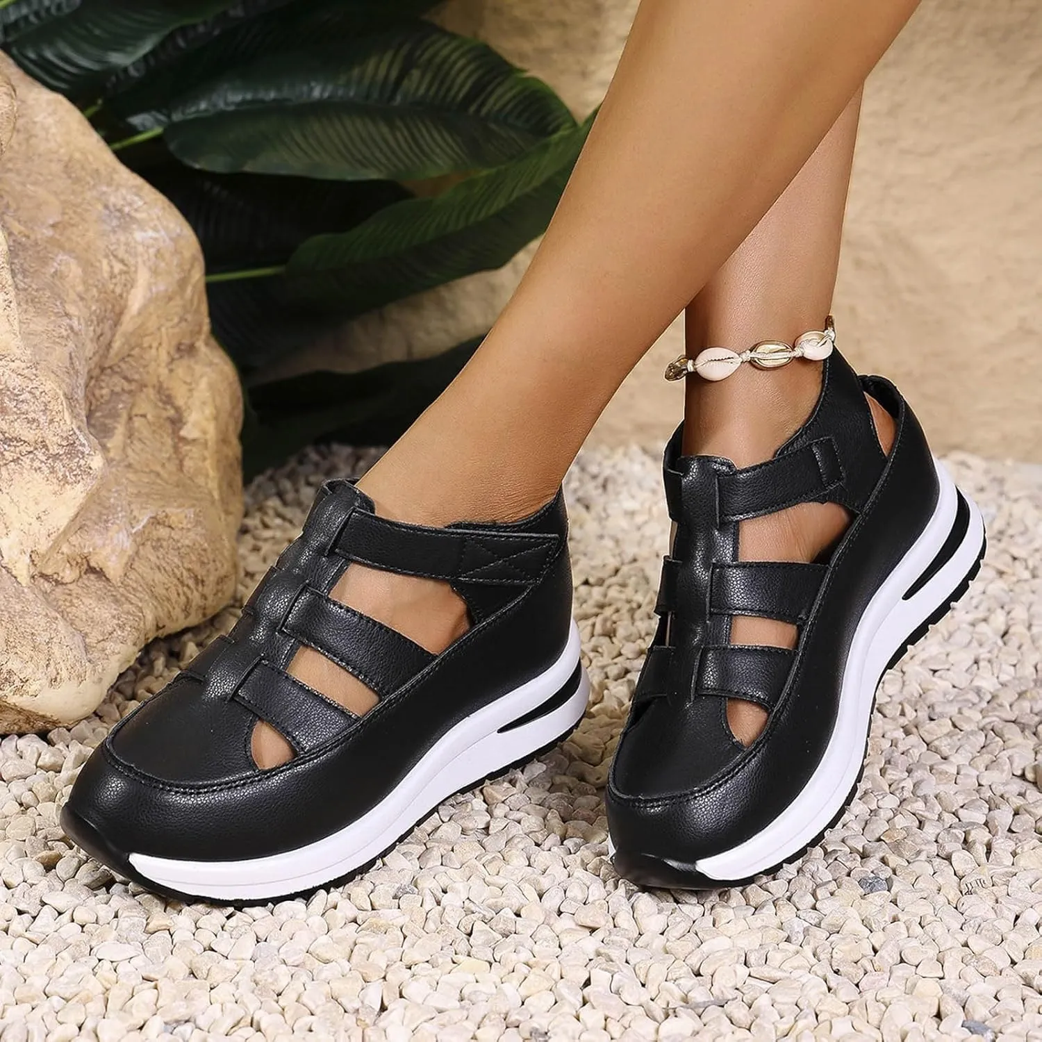 Women's Plus Size Hollow-Out Casual Sandals, Closed Toe Platform Height-Boosting Sandals Hollow Out Breathable Wedge Stylish Roman Sandal Leather Comfortable Walking Summer, Beach, Hiking Sneakers