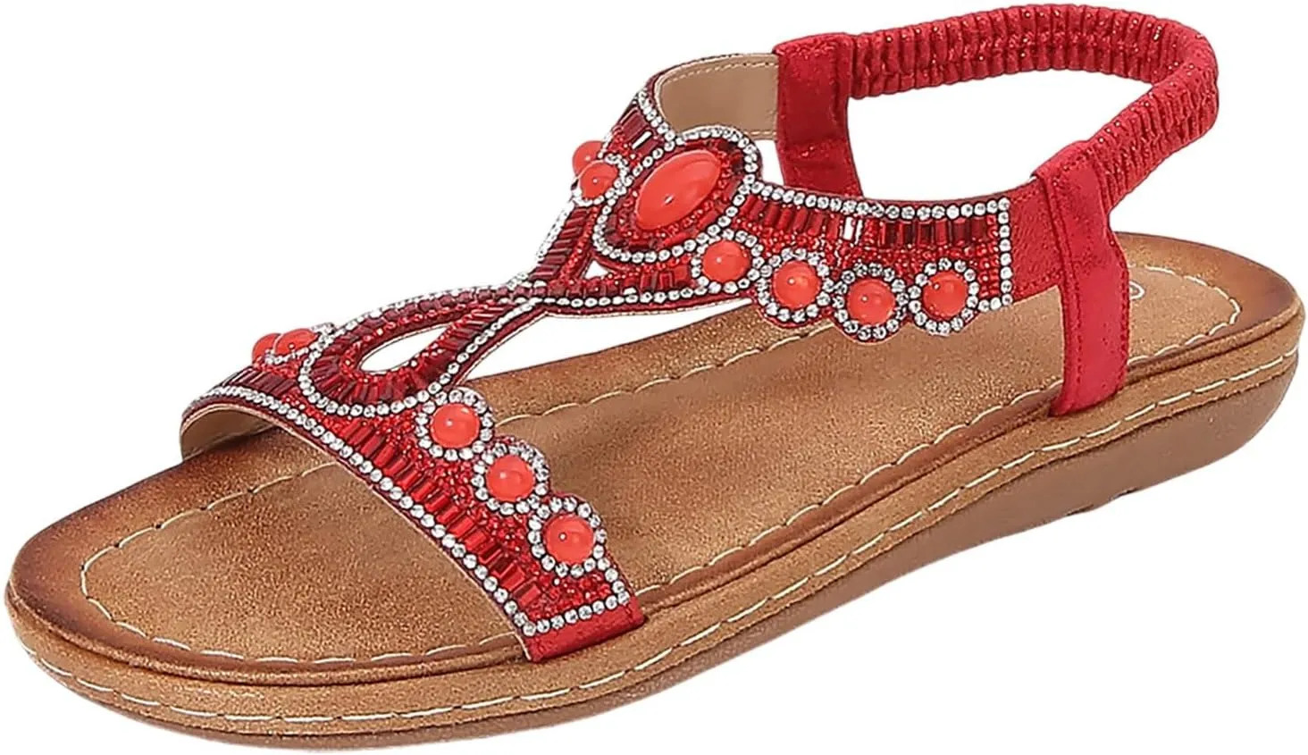 Women's Rhinestone Flat Sandals Bohemian Summer Beach Shoes Comfortable Non Slip Elastic Strap Dressy Casual Walking Sandals for Outdoor Vacation