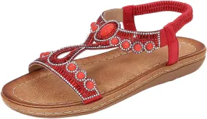 Women's Rhinestone Flat Sandals Bohemian Summer Beach Shoes Comfortable Non Slip Elastic Strap Dressy Casual Walking Sandals for Outdoor Vacation
