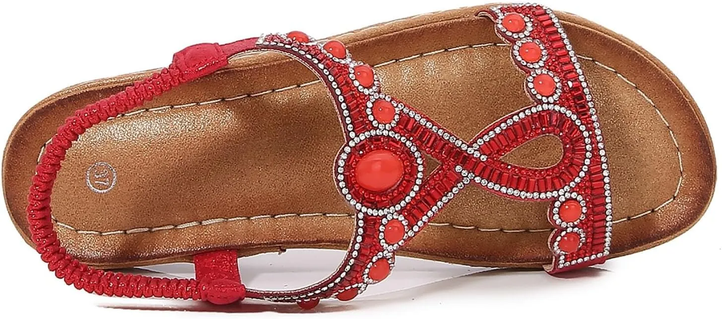 Women's Rhinestone Flat Sandals Bohemian Summer Beach Shoes Comfortable Non Slip Elastic Strap Dressy Casual Walking Sandals for Outdoor Vacation
