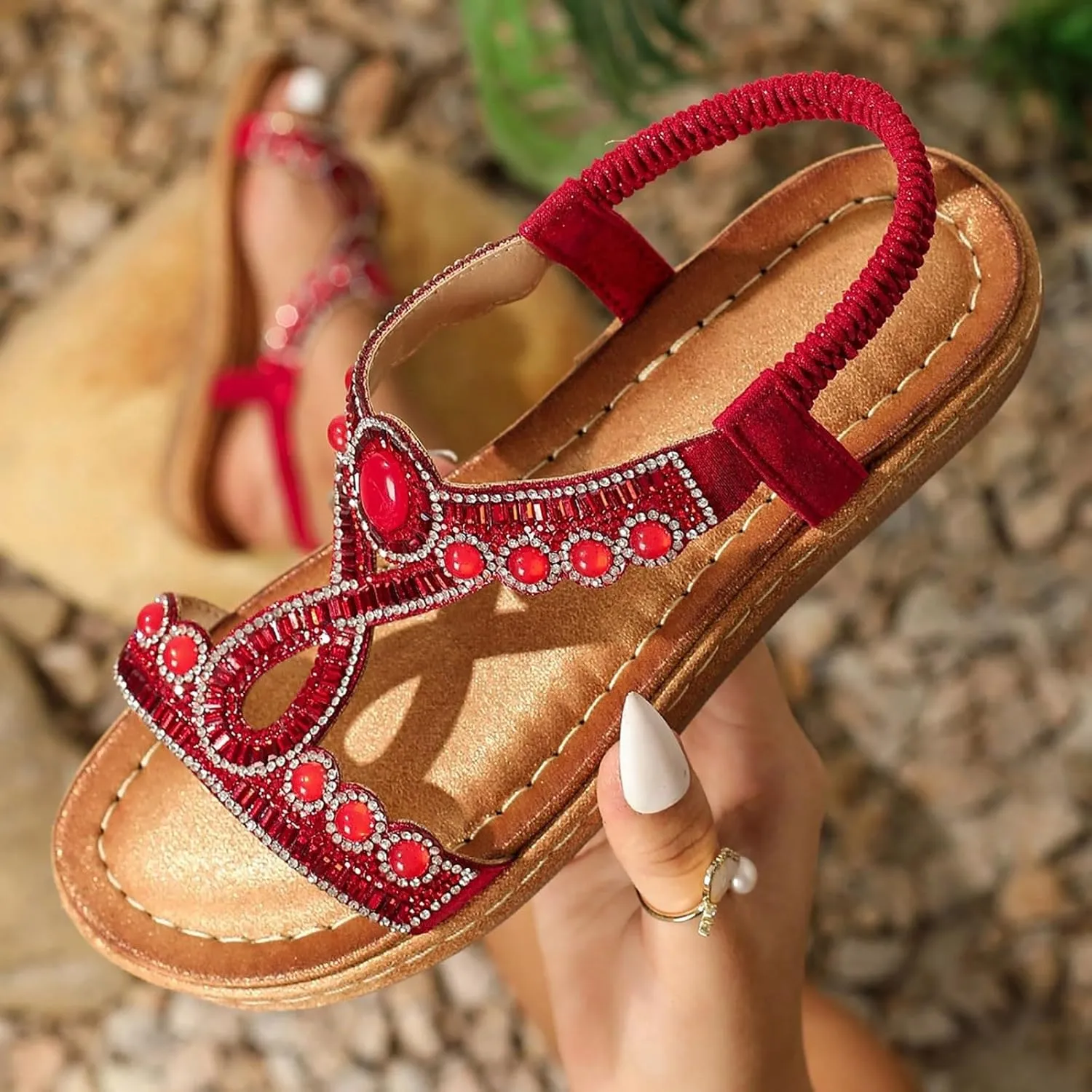 Women's Rhinestone Flat Sandals Bohemian Summer Beach Shoes Comfortable Non Slip Elastic Strap Dressy Casual Walking Sandals for Outdoor Vacation