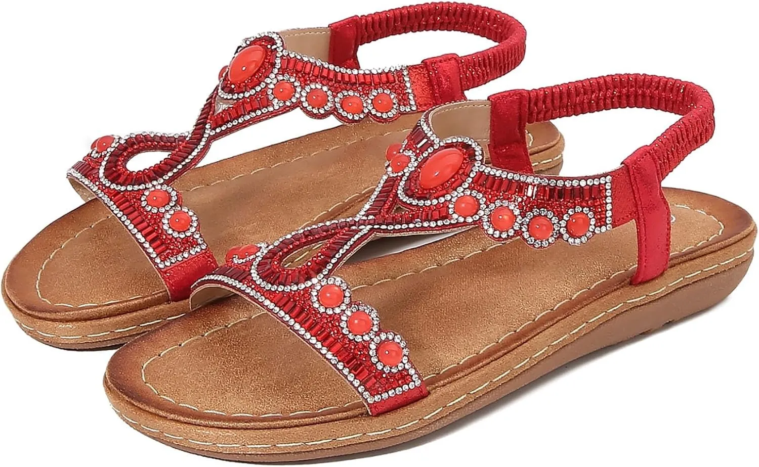 Women's Rhinestone Flat Sandals Bohemian Summer Beach Shoes Comfortable Non Slip Elastic Strap Dressy Casual Walking Sandals for Outdoor Vacation