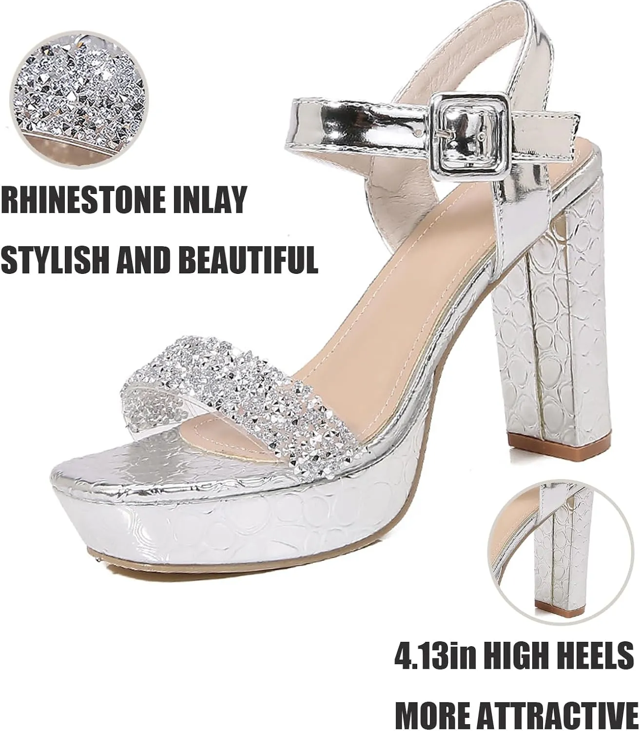 Women's Rhinestone Platform Chunky High Heels Sandals Classic Round Open Toe Adjust Ankle Strap high Heel Prom Pumps Sandals Fashion Formal Party Dress Wedding Bridal Shoes
